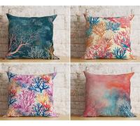 KIZIFI Pink Coral Outdoor Cushion Covers 45x45 cm Set of 4 Waterproof Throw Pillow Covers Blue Green Linen Cushion Covers Patio Garden Pillowcases for Bench Sofa Indoor Decoration