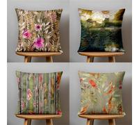 KIZIFI Waterproof Cushion Covers 40x40 cm Set of 4 Abstract Art Square Linen Pillowcases Double Sided Printed 16x16 inch Brown Green Outdoor Throw Pillow Case Cushion Cover for Sofa Bed Outdoor