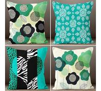 KIZIFI Waterproof Cushion Covers 55x55 cm Set of 4 Black Flowers Square Linen Pillowcases Double Sided Printed 22x22 inch Green White Outdoor Throw Pillow Case Cushion Cover for Sofa Bed Outdoor