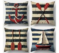 KIZIFI Waterproof Cushion Covers 55x55 cm Set of 4 Blue Stripes Square Linen Pillowcases Double Sided Printed 22x22 inch Red Black Outdoor Throw Pillow Case Cushion Cover for Sofa Bed Outdoor