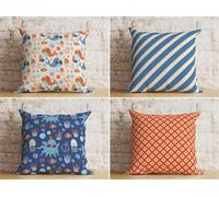 KIZIFI Waterproof Cushion Covers 55x55 cm Set of 4 Blue Stripes Square Linen Pillowcases Double Sided Printed 22x22 inch Orange Plaid Outdoor Throw Pillow Case Cushion Cover for Sofa Bed Outdoor