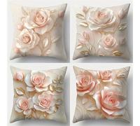 KIZIFI Waterproof Cushion Covers 55x55 cm Set of 4 Flowers Square Linen Pillowcases Double Sided Printed 22x22 inch Pink Brown Outdoor Throw Pillow Case Cushion Cover for Sofa Bed Outdoor