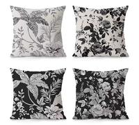 KIZIFI Waterproof Cushion Covers 55x55 cm Set of 4 Plant Leaves Square Linen Pillowcases Double Sided Printed 22x22 inch Black Gray Outdoor Throw Pillow Case Cushion Cover for Sofa Bed Outdoor