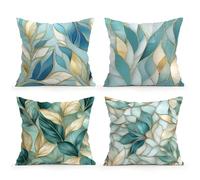 KIZIFI Waterproof Cushion Covers 70x70 cm Set of 4 Abstract Leaves Square Linen Pillowcases Double Sided Printed 28x28 inch Green Brown Outdoor Throw Pillow Case Cushion Cover for Sofa Bed Outdoor