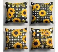 KIZIFI Waterproof Cushion Covers 70x70 cm Set of 4 Black Checks Square Linen Pillowcases Double Sided Printed 28x28 inch Sunflowers Outdoor Throw Pillow Case Cushion Cover for Sofa Bed Outdoor