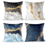 KIZIFI Waterproof Cushion Covers 70x70 cm Set of 4 Marble Square Linen Pillowcases Double Sided Printed 28x28 inch Black Blue Outdoor Throw Pillow Case Cushion Cover for Sofa Bed Outdoor