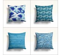 KIZIFI Waves Outdoor Cushion Covers 60x60 cm Set of 4 Waterproof Throw Pillow Covers Blue Stripes Linen Cushion Covers Patio Garden Pillowcases for Bench Sofa Indoor Decoration