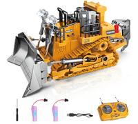 KIZJORYA Remote Controlled Bulldozer, 9 Channel RC Building Toy with Lights, Sound and Rechargeable Battery, Bulldozer Toy Gift for 6-12 Years Old Kids (2.4GHz)