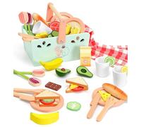 KizKnows Wooden Toy Picnic Playset, 31 Pcs Wooden Play Food Sets for Kids Pretend Play Cutting Food Toys Toddlers Play Kitchen Accessories Gift for Girls Boys Age 3+