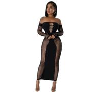 KIZOIEJE Sexy Long Sleeve Bodycon Dress Hollow Out See Through Mesh Party Dress Sheer Club Maxi Dress, 1360-black, One size
