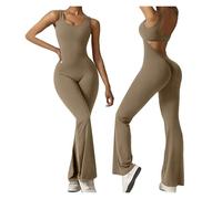 KJBDQQH Cutout Back Yoga Bodysuit Women'S Long Sleeve Bodysuit Slim Sexy Halter Top Casual Yoga Sports Overalls Plus Size One Pieces Full Length Elegant Jumpsuit(Khaki,XL)