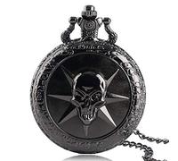 KJFB Pocket watch Cool Steampunk Full Steel Black Skull Cross Fire Quartz Pocket Watch Men Women Boys Necklace Pendant with Chain Birthday Gift (Color : Black)