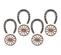 KJHBV 8pcs Small Horseshoe Decor and Miniature Cart Wheels Set, Brown Plastic Micro Landscape Decoration for Miniature Garden and Bookshelf Displays, Rustic Western Style Table