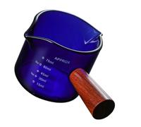 KJHBV Blue Glass Milk Jug with Wooden Handle, Double Spout Creamer Cup with Scale, Sturdy and Not Easy to Break, for Coffee and Milk Serving