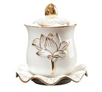 KJHBV Buddhist Offering Cup for Offering Oil and Gemstones Ceramic with Embossed Lotus Design, Beige Round Water Container for Buddhist Ceremonies and Decorative Meditation Rituals