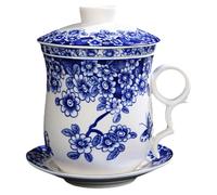 KJHBV Ceramic Tea Cup Set with Infuser and Lid Blue Porcelain Tea Drinking Cup with Anti-Slip Bottom and Insulation Simple Shape with Chinese Classic Patterns for Office Or Home
