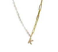 KJHFD 26 Letter Zircon Half Pearl Half Chain Necklace For Women Men, Vintage Half Pearl Necklace - Imitation Pearl Beaded Chain Necklace, Half Pearl Half Chain Necklace Initial For Birthday