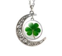 KJHFD 925 Sterling Silver Patrick Day Natural Four-leaf Jewelry Glass Cabochon Crescent Moon Necklace Lucky Accessories for Women - Patricks Day Necklaces, Green Bead Necklace