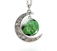 KJHFD 925 Sterling Silver Patrick Day Natural Four-leaf Jewelry Glass Cabochon Crescent Moon Necklace Lucky Accessories for Women - Patricks Day Necklaces, Green Bead Necklace