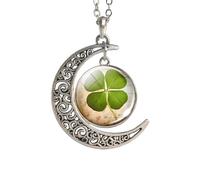KJHFD 925 Sterling Silver Patrick Day Natural Four-leaf Jewelry Glass Cabochon Crescent Moon Necklace Lucky Accessories for Women - Patricks Day Necklaces, Green Bead Necklace