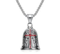 KJHFD 925 Sterling Silver Retro Punk Style Men's Cross Lucky Bell Wing Knight Bell Keychain Motorcycle Riding Guardian Bell Accessories - Guardian Pendant, Guardian Necklace, Pendant