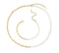 KJHFD 925 Sterling Silver Vintage Natural Half Pearl Half Chain Necklace For Women Men, Classic Half Pearl Necklace Bracelet Sets - Freshwater Pearl Necklace, Half Pearl Half Chain Necklace