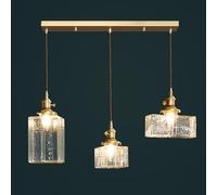 KJHFD Light Hammered Glass Hanging Lamp Brass Cluster Chandelier Drop Ceiling with Square Bottle E27 Suspended Lights for Kitchen Island Dining Room/Clear/Strip Base
