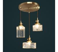 KJHFD Light Hammered Glass Hanging Lamp Brass Cluster Chandelier Drop Ceiling with Square Bottle E27 Suspended Lights for Kitchen Island Dining Room/Clear/Round Base