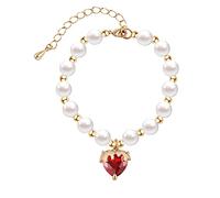 KJHFD Round White Simulated Shell Pearl Stretch Strand Bracelet with Pink Red Cubic Zirconia Heart, Hypoallergenic, by