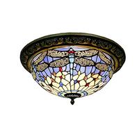 KJHFD Style Lamp 12 Inch Vintage Dragonfly Crystal Bead Stained Glass Shade Flush Mount Ceiling Light for Bedroom,E,16 inches