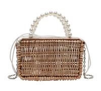 KJHZCE Handwoven Bamboo Rattan Pearl Handbag Summer Wicker Drawstring Crossbody Bag(Chain Style)