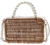 KJHZCE Handwoven Bamboo Rattan Pearl Handbag Summer Wicker Drawstring Crossbody Bag(Pearl Style)