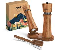 kjøk Premium Salt and Pepper Mill Solid Acacia Wood with Saucer, Cleaning Brush and Filling Spoon - Wooden Mill Set with Ceramic Grinder - Salt and Pepper Mill Father's Day Gift