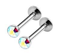KJM FASHION 2PCS Surgical Steel Labret 16g 5/16 8mm 3mm Aurora Borealis Crystal Lobe Lip Earrings Monroe Piercing Jewellery 0846
