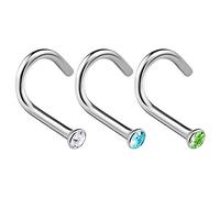 KJM FASHION 3 Pack 316L Stainless Steel Nose Screw 18 Gauge 7mm with Clear Aquamarine Crystal, Stainless Steel, Stainless Steel, Stainless Steel