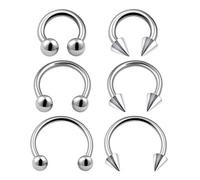 KJM FASHION 6PCS Stainless Steel Horseshoe Ring 16 gauge 6mm 8mm 10mm 3mm Ball Spike Eyebrow Lobe Earrings Septum Piercing Jewellery 0261