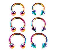 KJM FASHION 6PCS Steel Rainbow Horseshoe Earrings 16g 6mm 8mm 10mm 3mm Ball Spike Rim Earrings Eyebrow Tragus Piercing Jewellery 0264