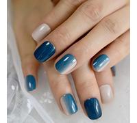 KJMWXOP False Nails Short Blue Gradient Fake Nails, squoval, Natural Fake Nails, Girls who Press on The Nails, Full Coverage, Summer Nail Art Techniques with Fingers