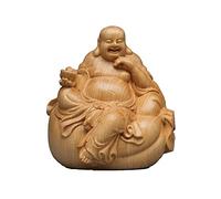 KJOLWHCQ Fengshui statue Hand-Carved Chinese Feng Shui Laughing Buddhas Statues Holding Ingot Natural Wood Happy Buddha Figurine Attracting Good Luck Wealth for Home