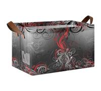 Kjovgcb 1 PC Rectangular Storage Basket Bin, Foldable Box with Leather Handles, Baskets Organizer for Kitchen 16.9x11.4x10 in Print Red Black Grey Floral Leaf Swirl Abstract Background