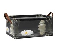 Kjovgcb 1 PC Rectangular Storage Basket Bin, Foldable Box with Leather Handles, Baskets Organizer for Kitchen 16.9x11.4x7.7 in Print Zen Stones White Lotus Lily Wild Over Water Black