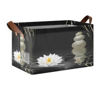 Kjovgcb 1 PC Rectangular Storage Basket Bin, Foldable Box with Leather Handles, Baskets Organizer for Kitchen 16.9x11.4x10 in Print Zen Stones White Lotus Lily Wild Over Water Black