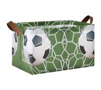Kjovgcb 1 PC Rectangular Storage Basket Bin, Foldable Box with Leather Handles, Baskets Organizer for Kitchen 16.9x11.4x10 in Print Flying Soccer Ball On The Net Against Green