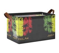 Kjovgcb 1 PC Rectangular Storage Basket Bin, Foldable Box with Leather Handles, Baskets Organizer for Kitchen 16.9x11.4x10 in Print Relax Reggae Music Palm Trees On Black