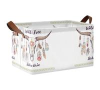 Kjovgcb 1 PC Rectangular Storage Basket Bin, Foldable Box with Leather Handles, Baskets Organizer for Kitchen 16.9x11.4x10 in Print Native American Mexican Bull Skull Feathers Enthic