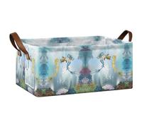 Kjovgcb 1 PC Rectangular Storage Basket Bin, Foldable Box with Leather Handles, Baskets Organizer for Kitchen 16.9x11.4x7.7 in Print Two Mermaids Dolphins Sea Turtle Undersea World