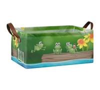 Kjovgcb 1 PC Rectangular Storage Basket Bin, Foldable Box with Leather Handles, Baskets Organizer for Kitchen 16.9x11.4x7.7 in Print Three Green Frogs on The Log Yellow Flowers Green
