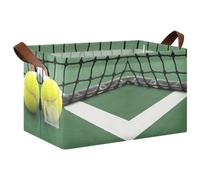 Kjovgcb 1 PC Rectangular Storage Basket Bin, Foldable Box with Leather Handles, Baskets Organizer for Kitchen 16.9x11.4x10 in Print Tennis Ball Near The Net Green