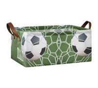 Kjovgcb 1 PC Rectangular Storage Basket Bin, Foldable Box with Leather Handles, Baskets Organizer for Kitchen 16.9x11.4x7.7 in Print Flying Soccer Ball On The Net Against Green