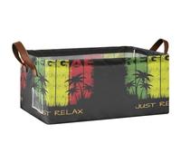 Kjovgcb 1 PC Rectangular Storage Basket Bin, Foldable Box with Leather Handles, Baskets Organizer for Kitchen 16.9x11.4x7.7 in Print Relax Reggae Music Palm Trees On Black